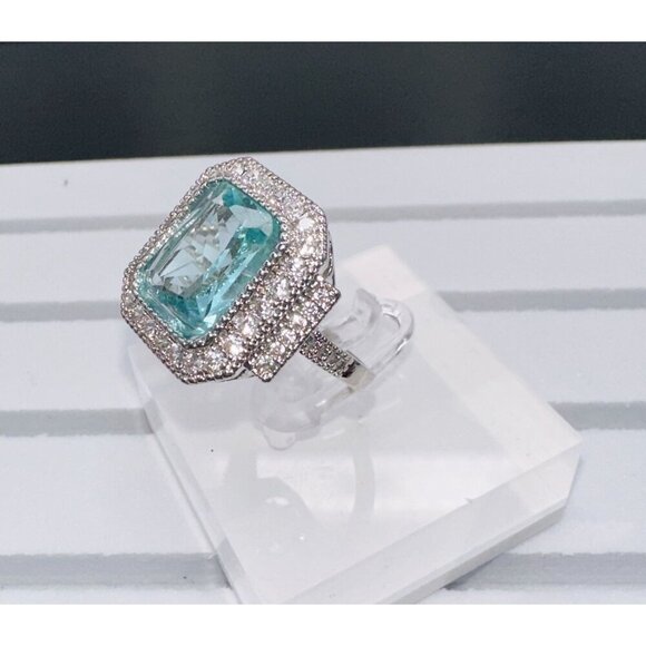 Aquamarine Cubic Zirconia White Crystal Ring Size 7 - Picture 6 of 16